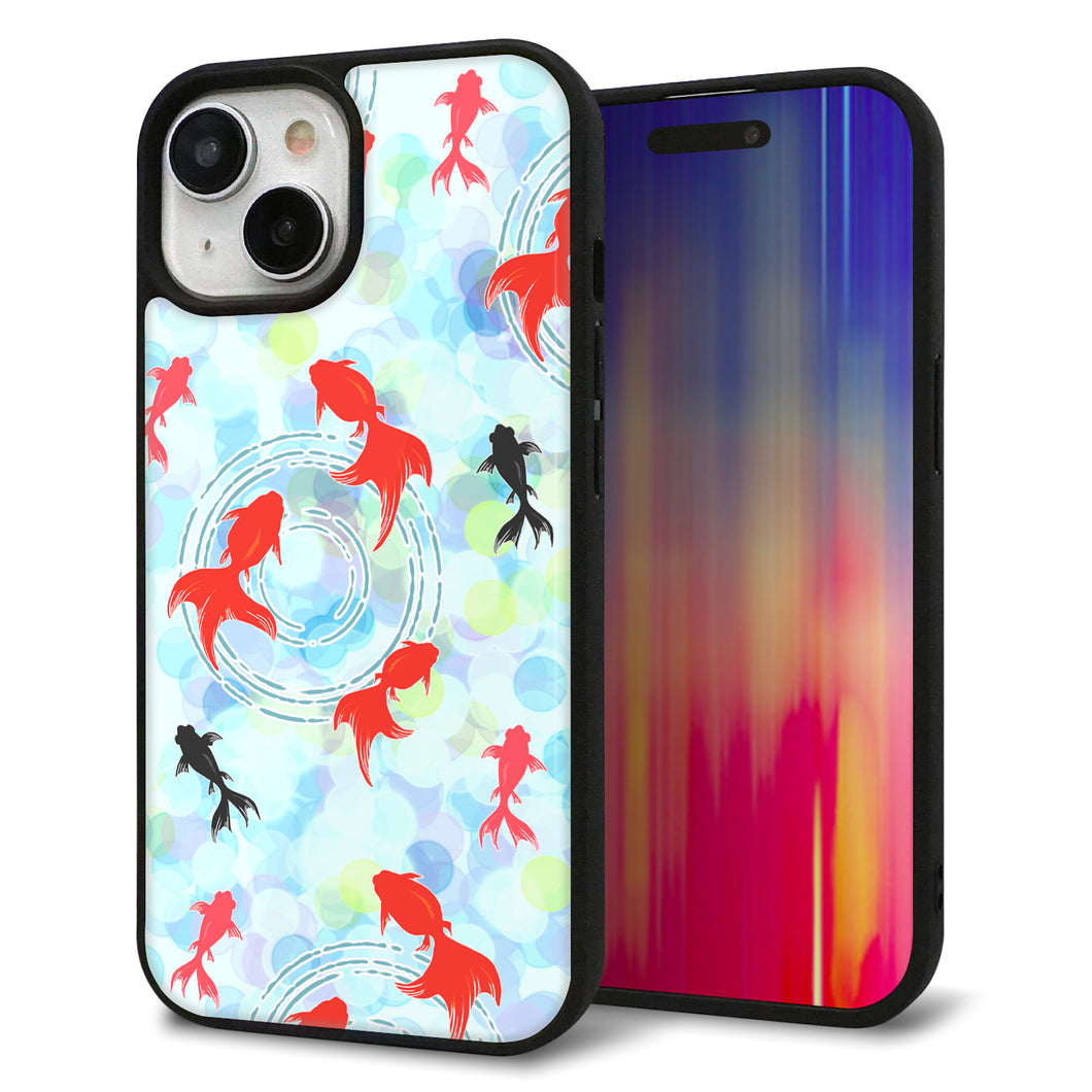 iPhone15 強化ガラス&TPUスマホケース ガラプリ【HA221 金魚 点々 ブルー】