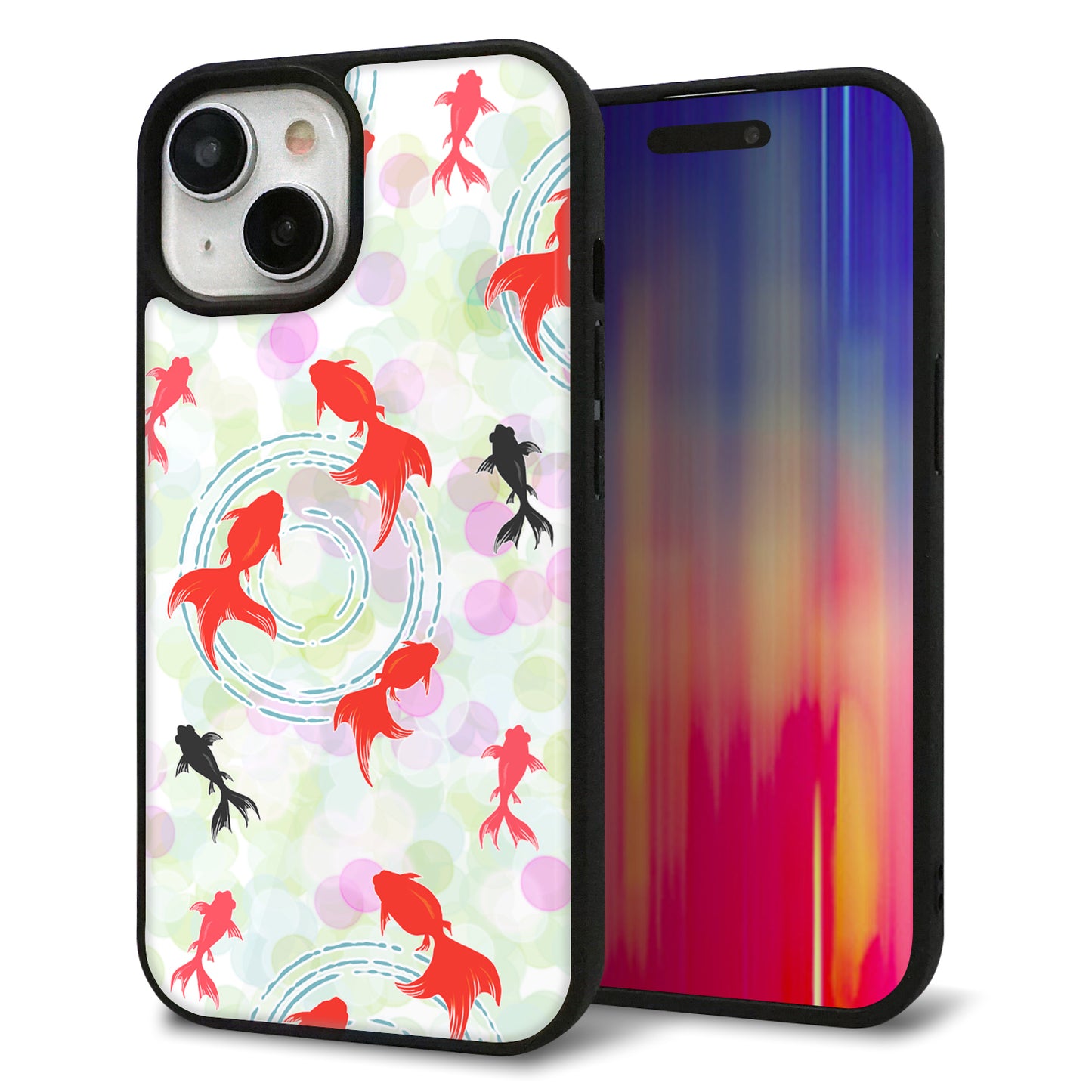 iPhone15 強化ガラス&TPUスマホケース ガラプリ【HA224 金魚 点々 ホワイト】