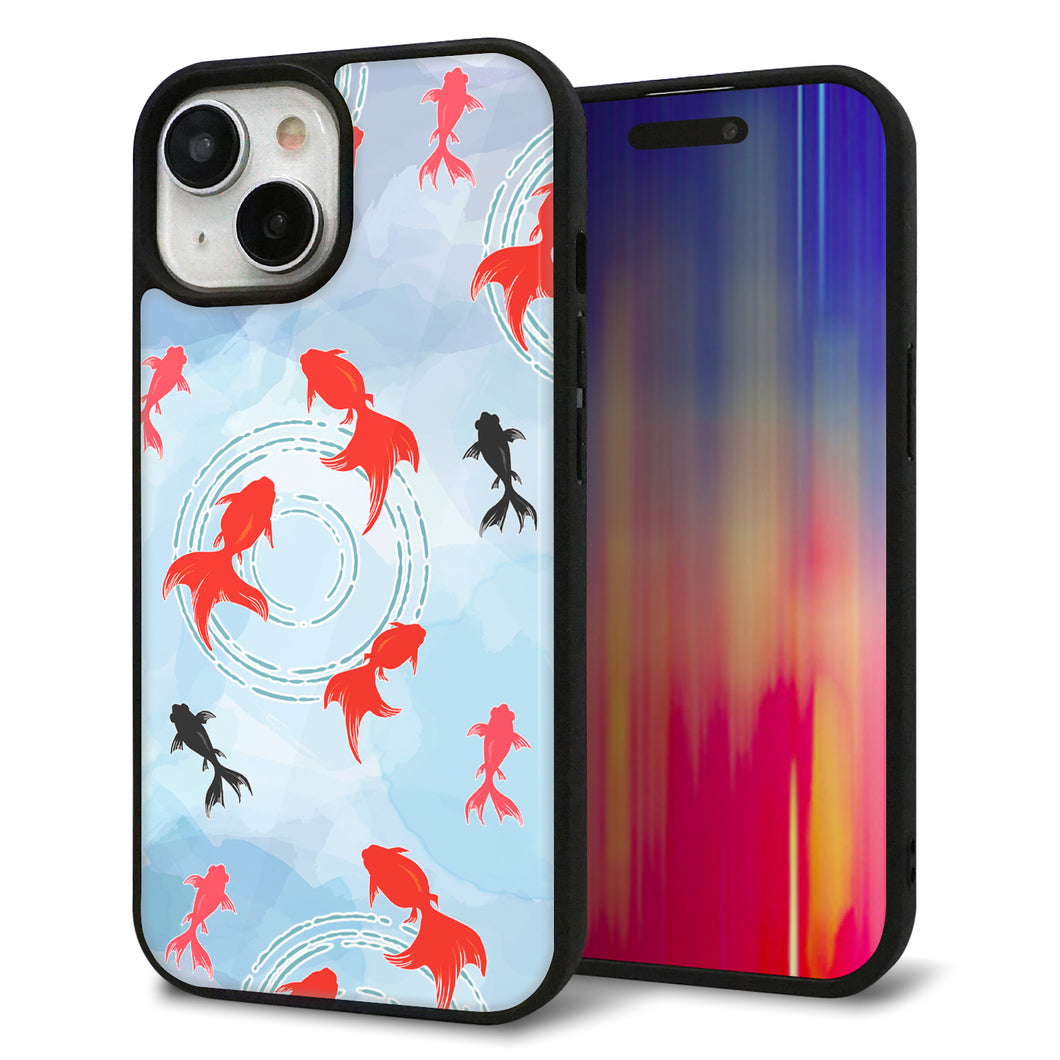 iPhone15 強化ガラス&TPUスマホケース ガラプリ【HA226 金魚 水彩 ブルー】