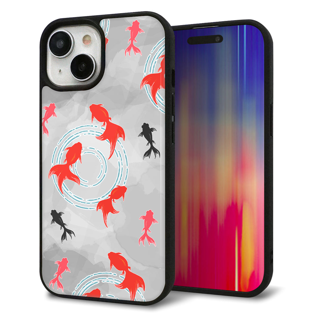 iPhone15 強化ガラス&TPUスマホケース ガラプリ【HA227 金魚 水彩 グレー】