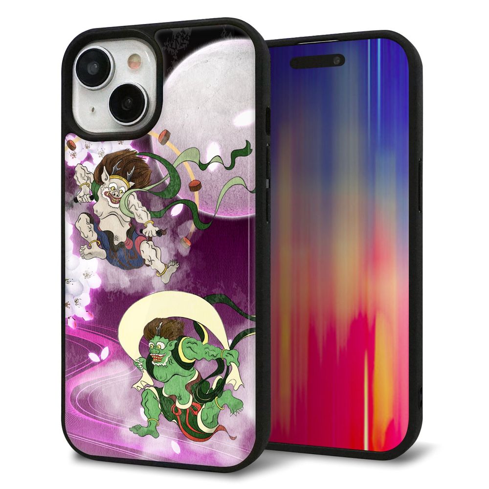 iPhone 15 強化ガラス&TPUスマホケース ガラプリ【HA240 風神雷神 紫の月と桜】