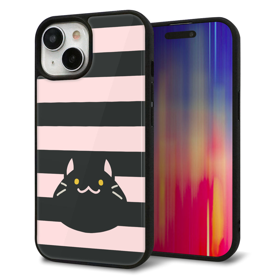 iPhone15 強化ガラス&TPUスマホケース ガラプリ【HA249 もちねこ クロ】