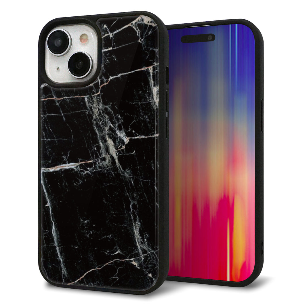 iPhone15 強化ガラス&TPUスマホケース ガラプリ【KM867 大理石BK】