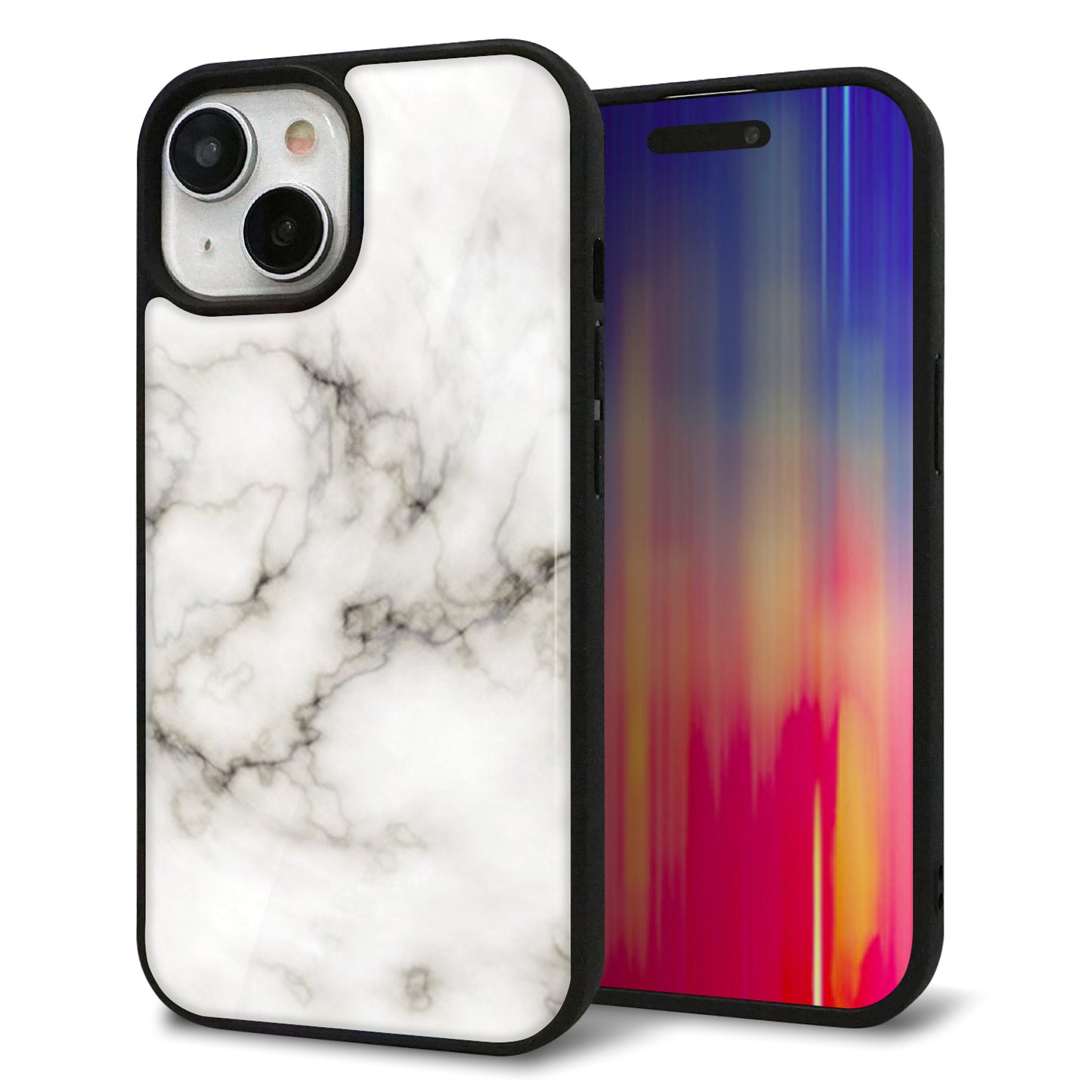 iPhone15 強化ガラス&TPUスマホケース ガラプリ【KM871 大理石WH】
