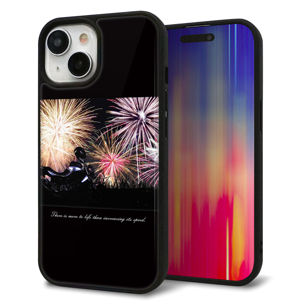 iPhone15 強化ガラス&TPUスマホケース ガラプリ【KM878 バイクと花火】