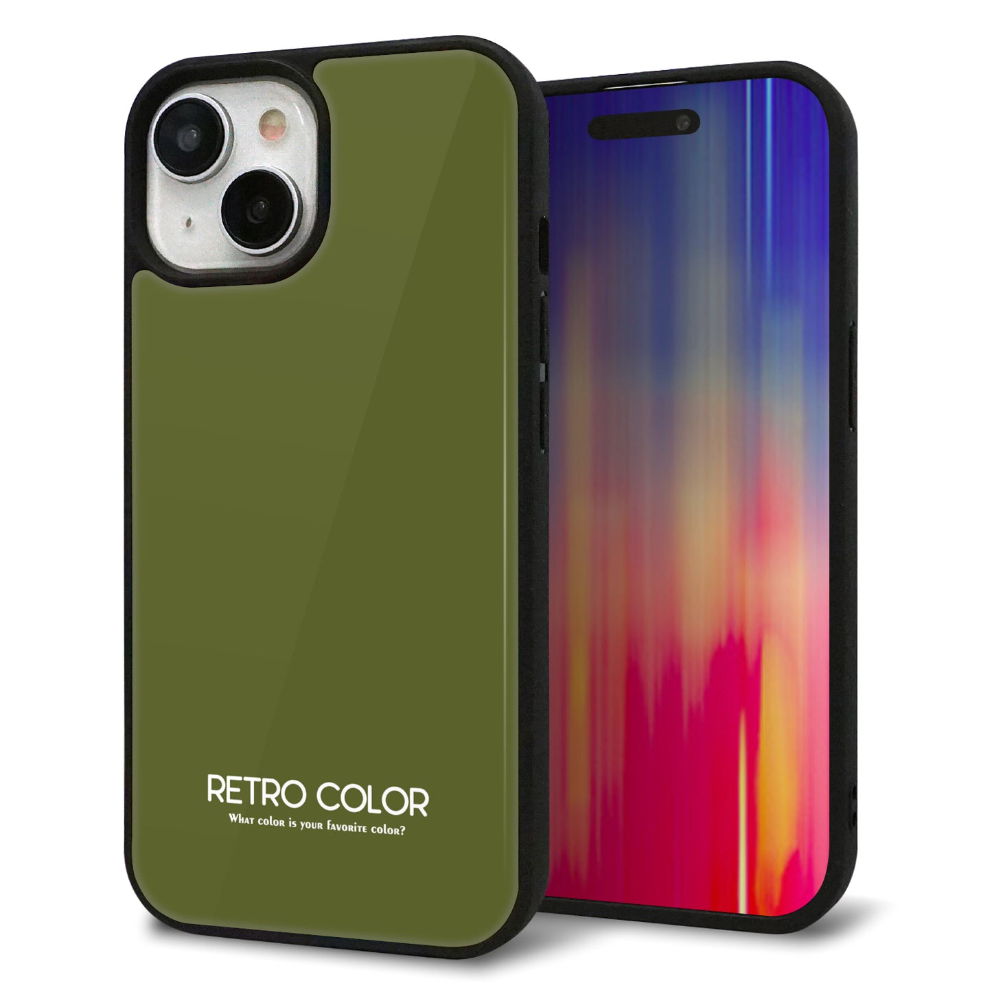 iPhone15 強化ガラス&TPUスマホケース ガラプリ【KM916 レトロカラー(カーキ)】