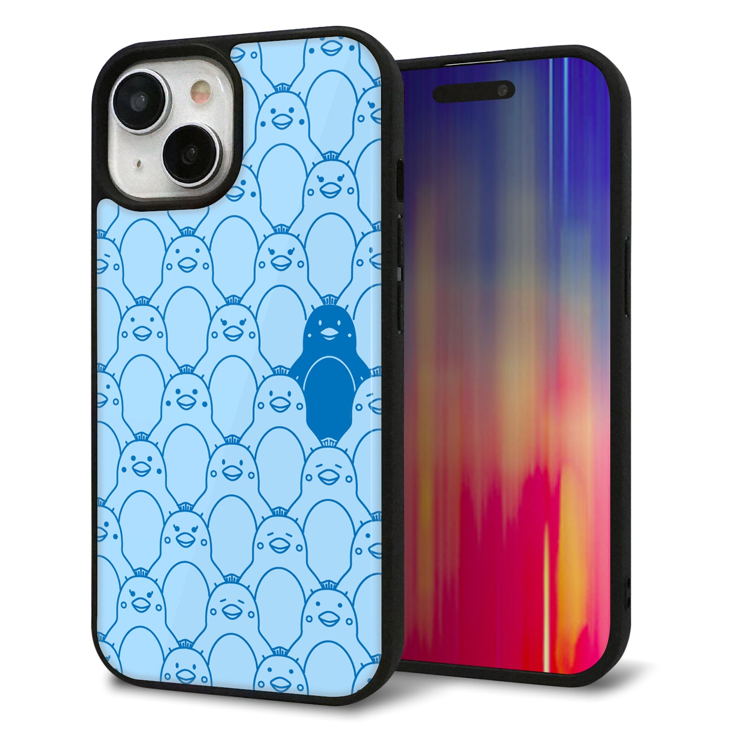 iPhone15 強化ガラス&TPUスマホケース ガラプリ【MA917 パターン ペンギン】