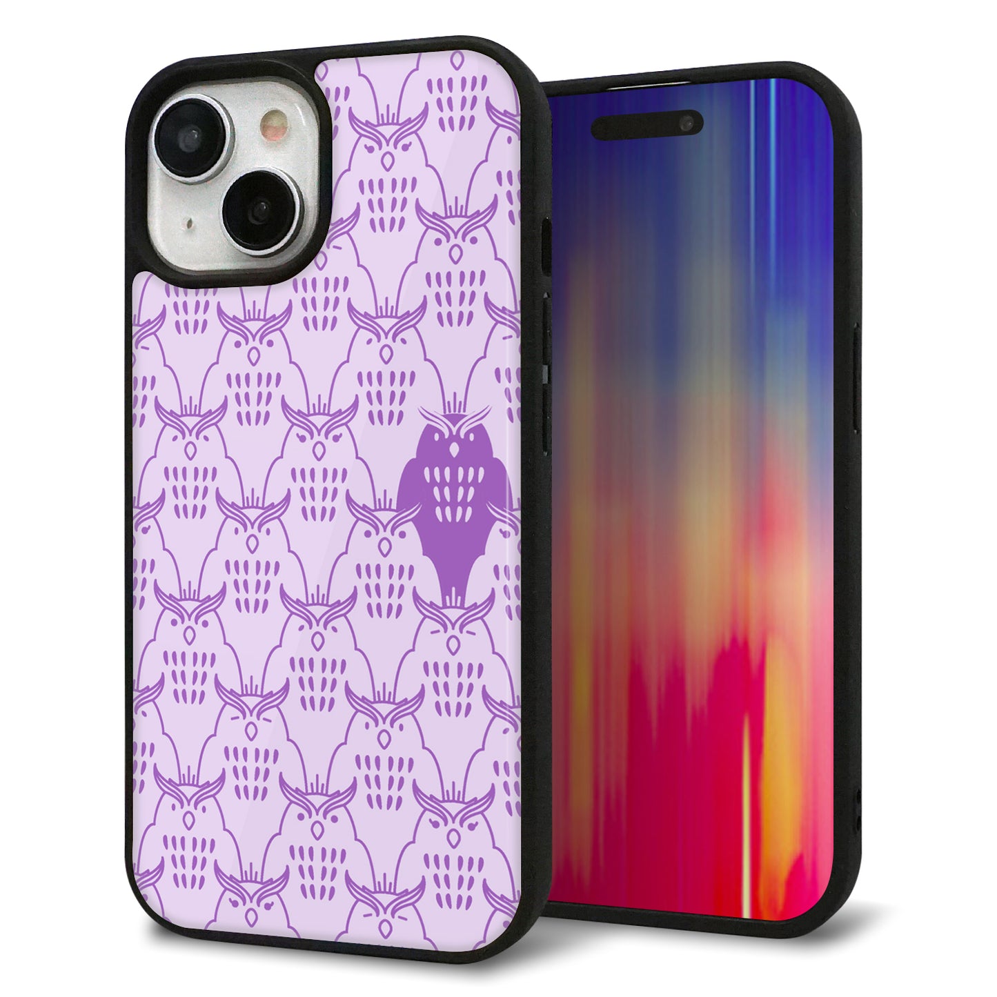 iPhone15 強化ガラス&TPUスマホケース ガラプリ【MA918 パターン ミミズク】
