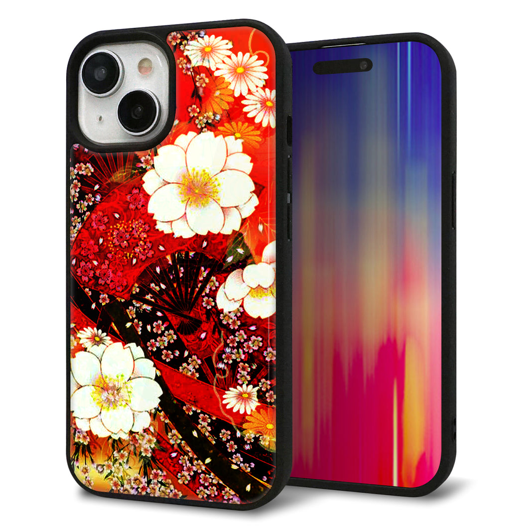 iPhone15 強化ガラス&TPUスマホケース ガラプリ【MA960 和柄 花 B】