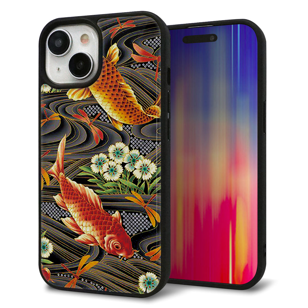 iPhone15 強化ガラス&TPUスマホケース ガラプリ【MA963 着物柄 鶴鯉 A】