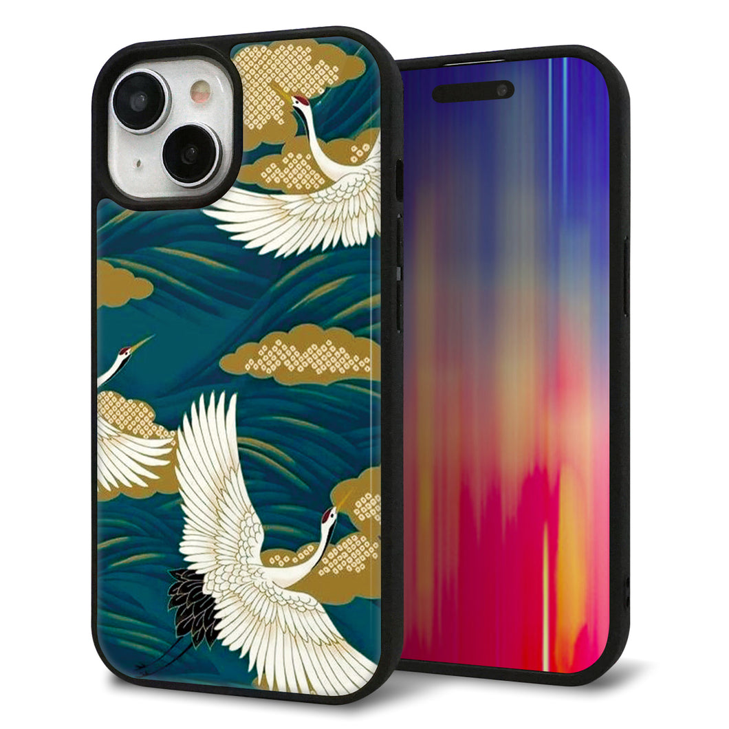 iPhone15 強化ガラス&TPUスマホケース ガラプリ【MA964 着物柄 鶴鯉 B】