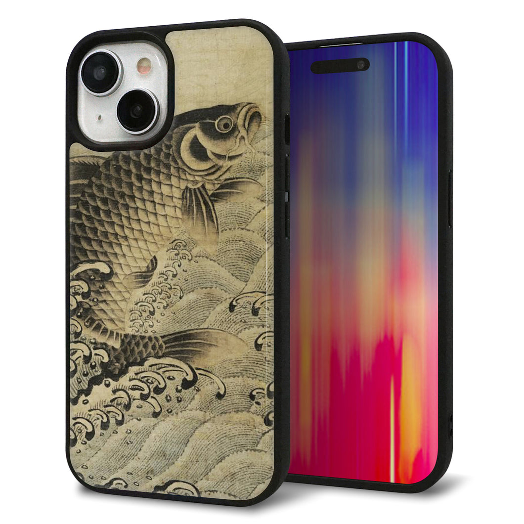 iPhone15 強化ガラス&TPUスマホケース ガラプリ【MA970 和柄 鶴鯉 B】