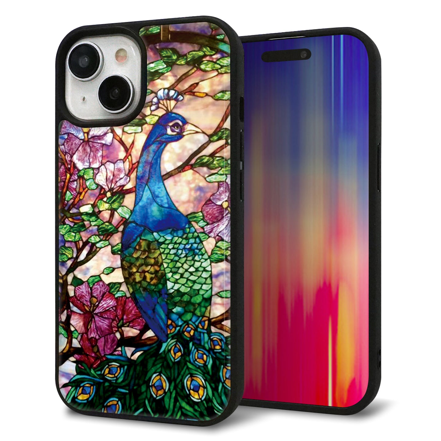 iPhone15 強化ガラス&TPUスマホケース ガラプリ【MA996 ステンドグラス クジャク】