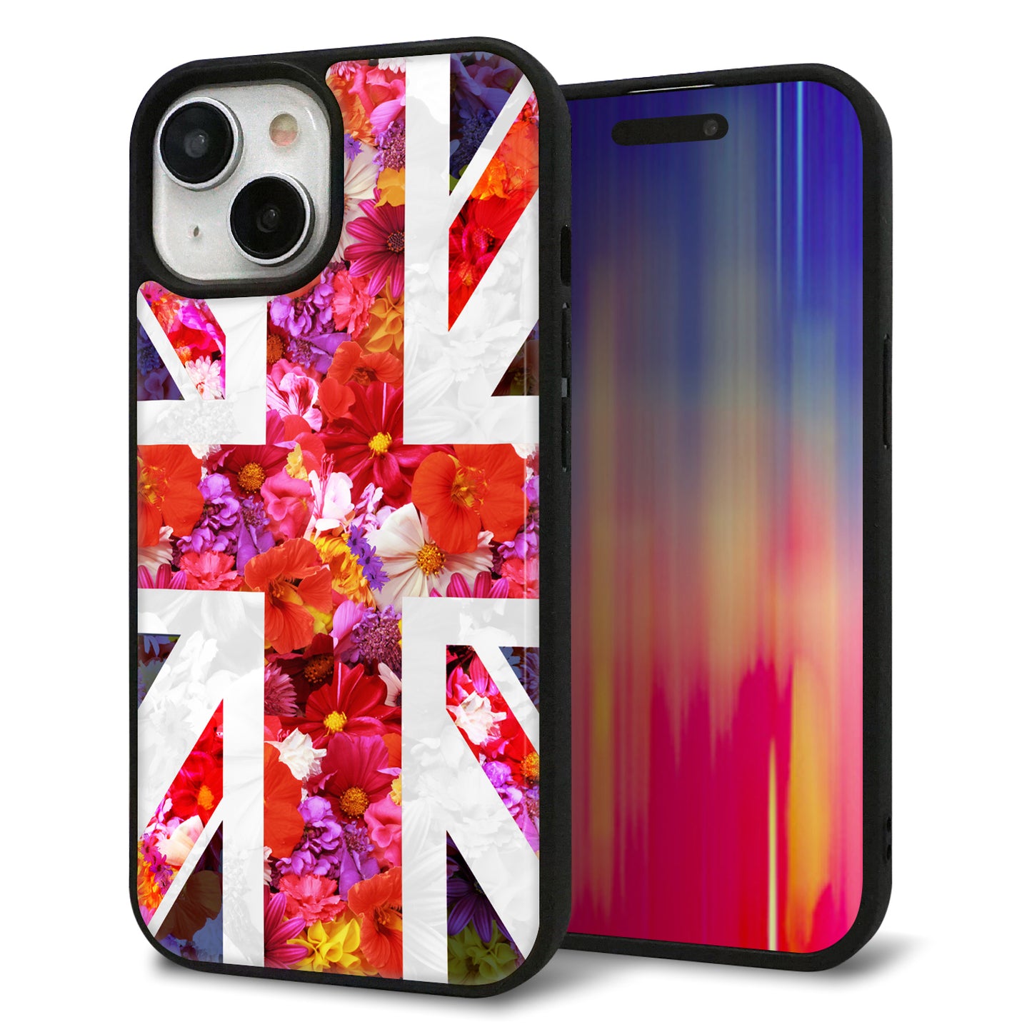 iPhone15 強化ガラス&TPUスマホケース ガラプリ【SC801 ユニオンジャック リアルフラワー】