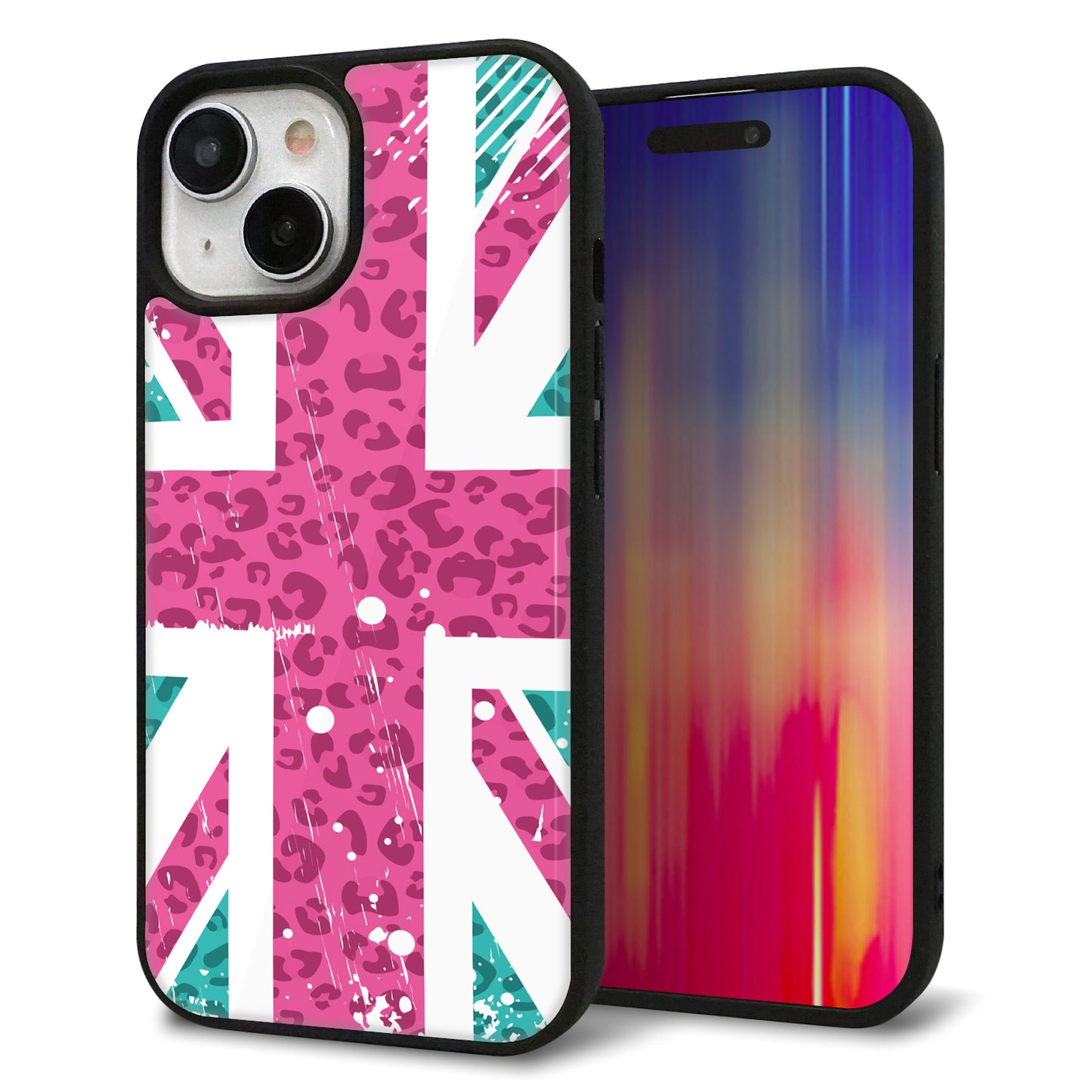 iPhone15 強化ガラス&TPUスマホケース ガラプリ【SC807 ユニオンジャック ピンクヒョウ柄】