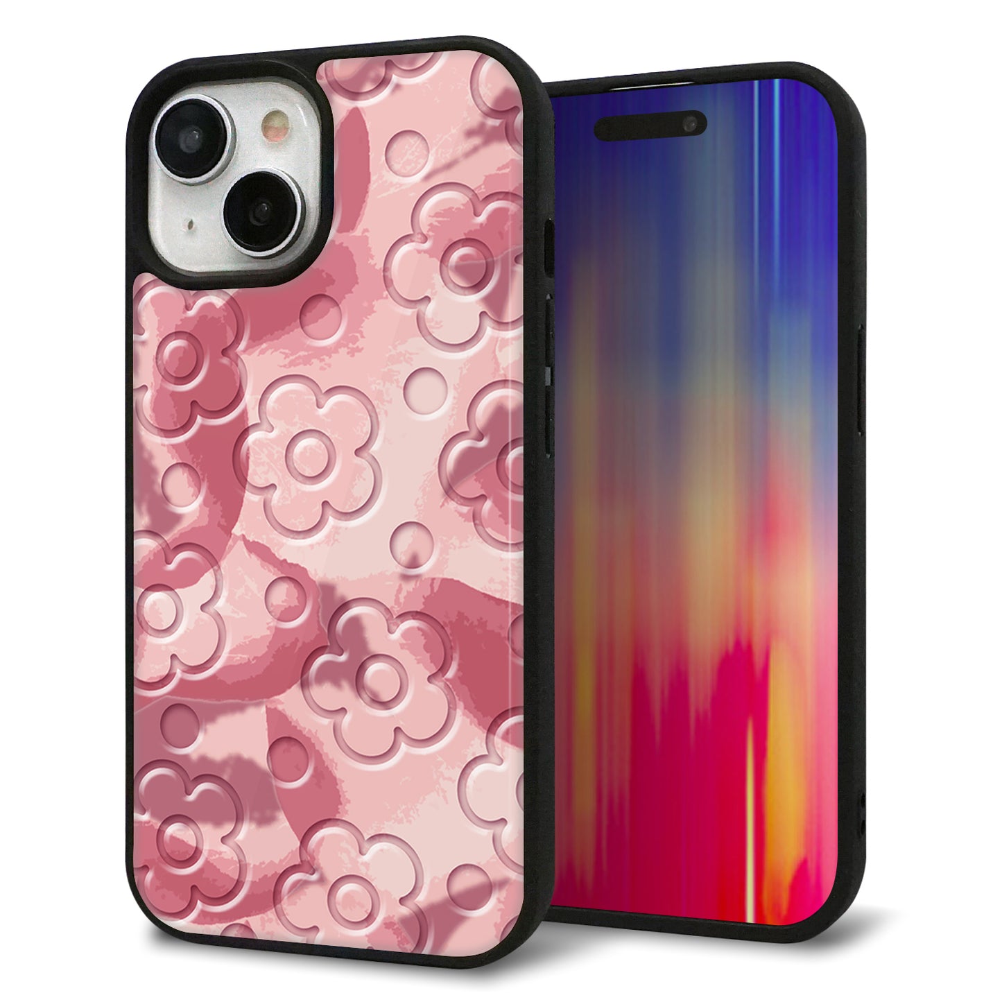 iPhone15 強化ガラス&TPUスマホケース ガラプリ【SC846 フラワーヴェルニ花ピンク(ローズヴェルール)】