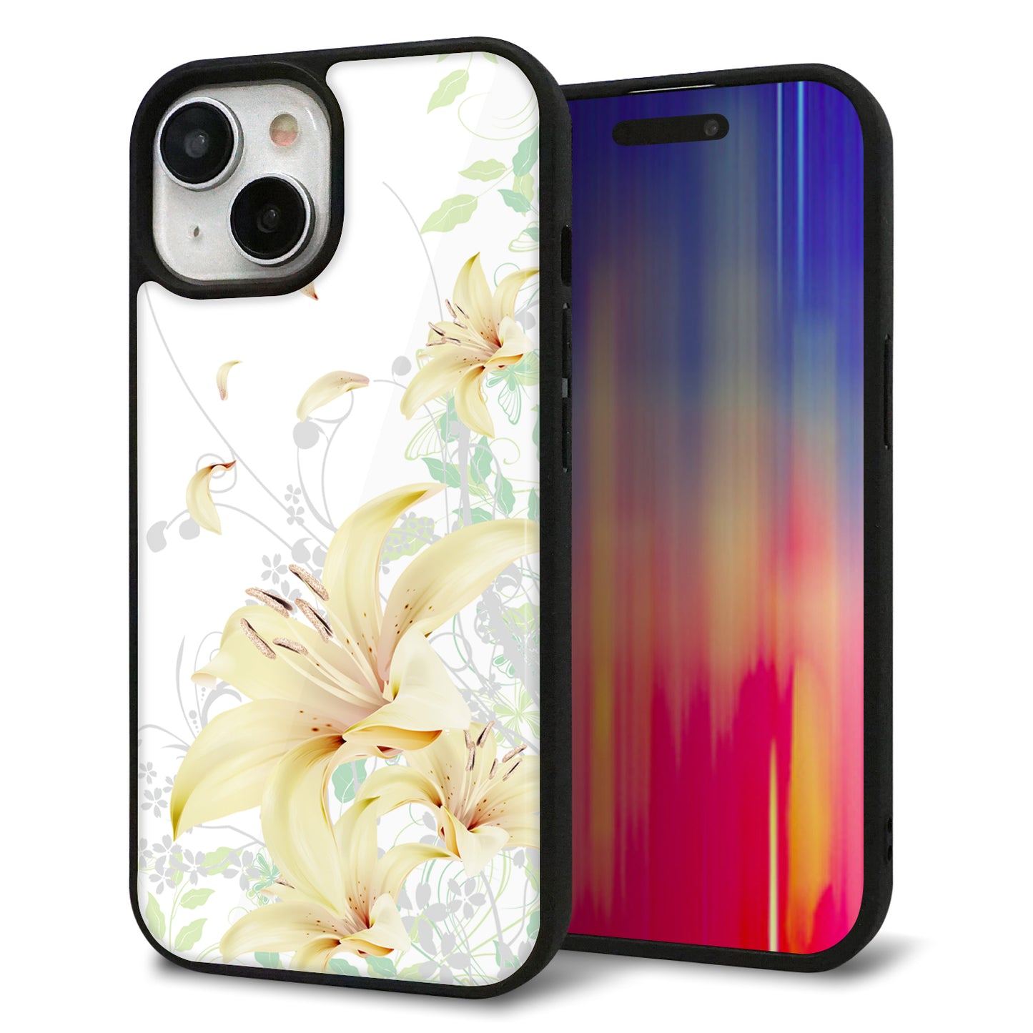 iPhone15 強化ガラス&TPUスマホケース ガラプリ【SC851 ユリ(ホワイト)】