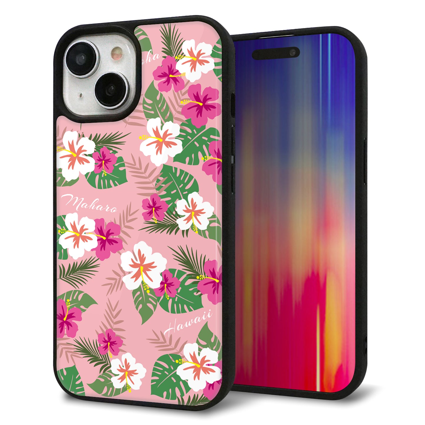 iPhone15 強化ガラス&TPUスマホケース ガラプリ【SC882 ハワイアンアロハレトロ(ピンク)】