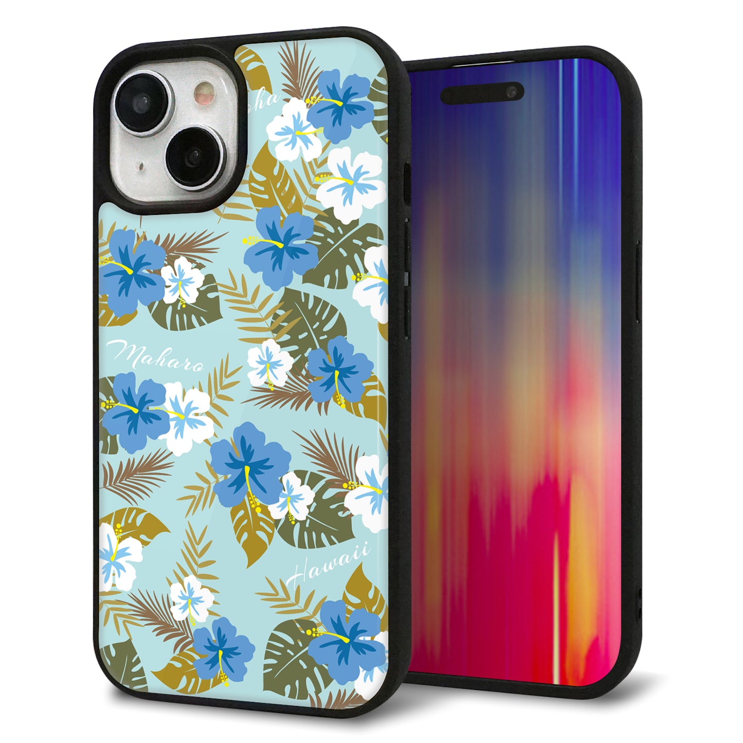 iPhone15 強化ガラス&TPUスマホケース ガラプリ【SC883 ハワイアンアロハレトロ(ブルー)】