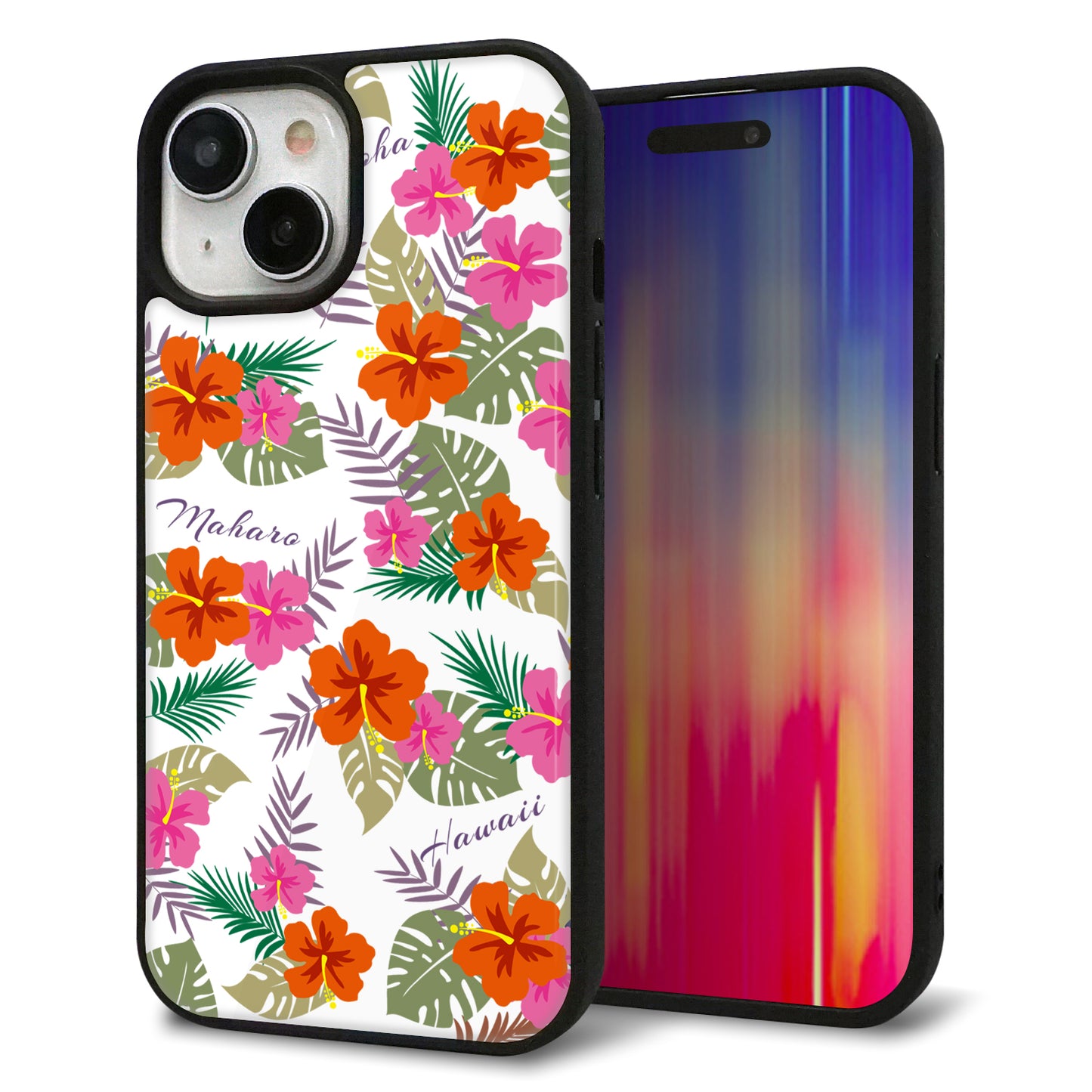 iPhone15 強化ガラス&TPUスマホケース ガラプリ【SC884 ハワイアンアロハレトロ(ホワイト)】