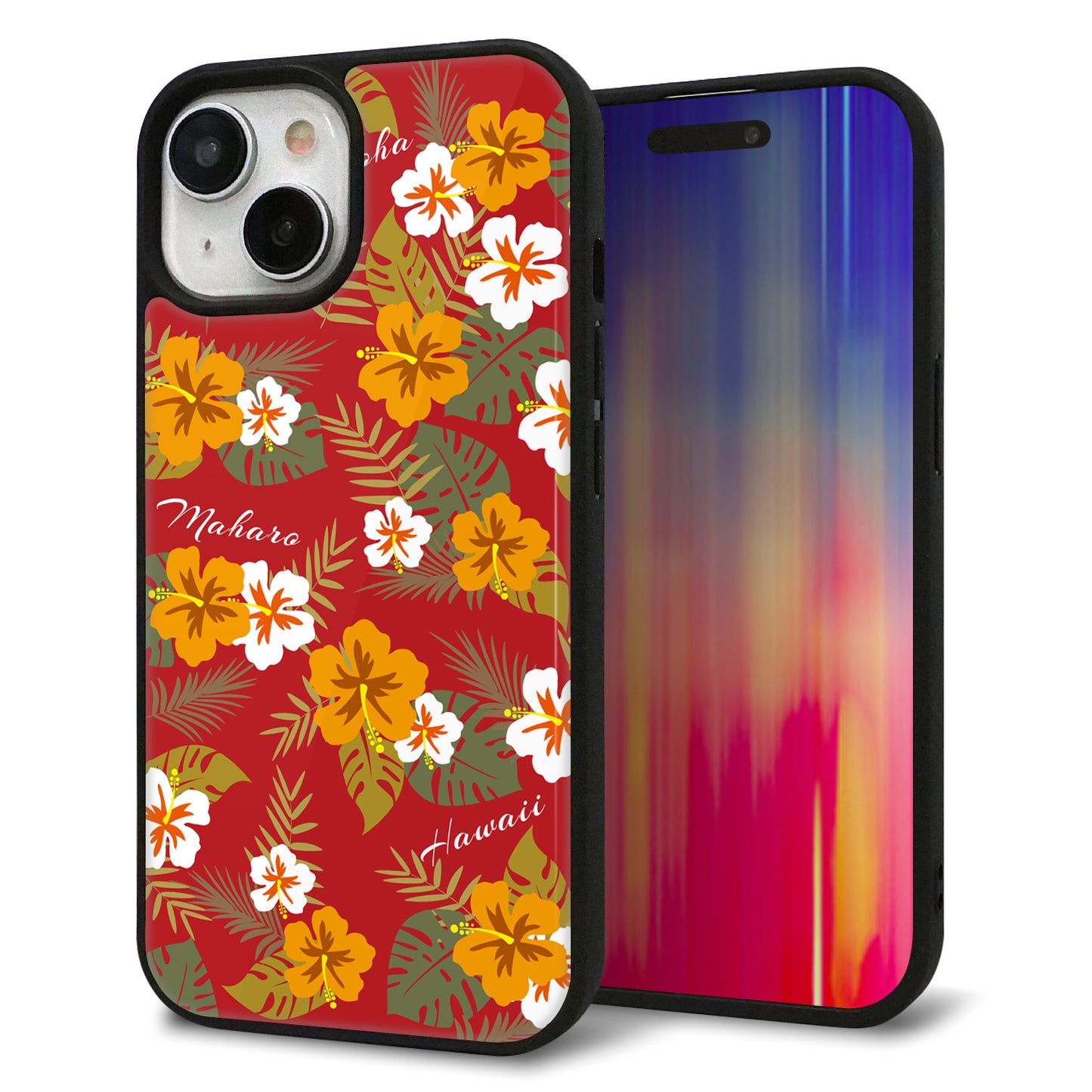 iPhone15 強化ガラス&TPUスマホケース ガラプリ【SC885 ハワイアンアロハレトロ(レッド)】
