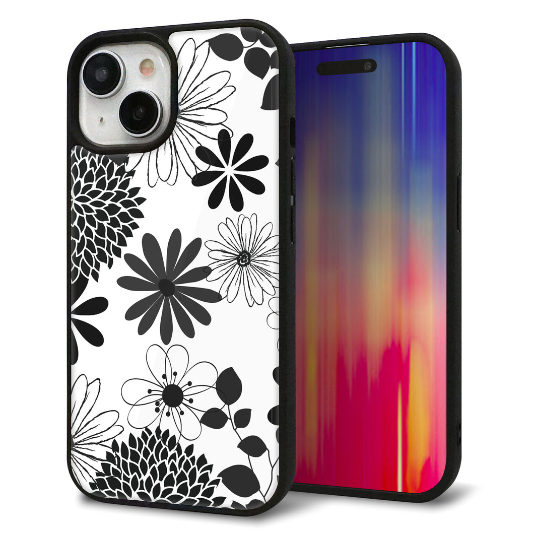 iPhone15 強化ガラス&TPUスマホケース ガラプリ【SC912 花柄モノトーン 01】