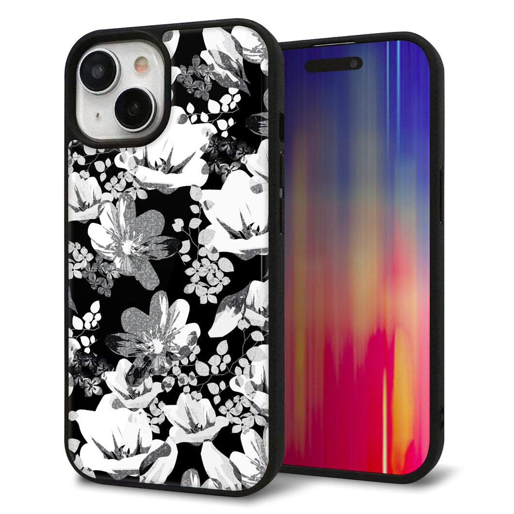 iPhone15 強化ガラス&TPUスマホケース ガラプリ【SC913 花柄モノトーン 02】