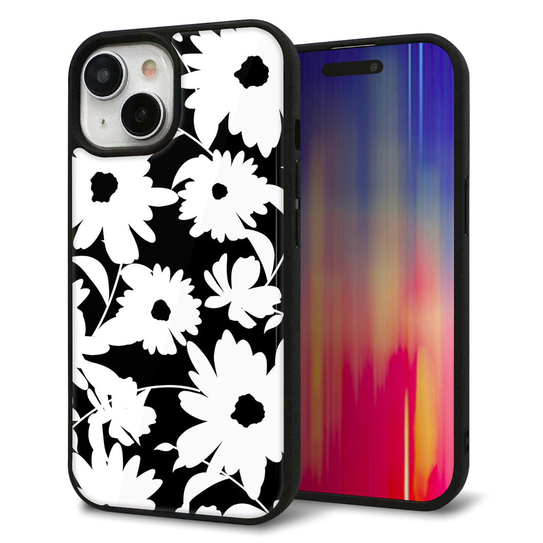 iPhone15 強化ガラス&TPUスマホケース ガラプリ【SC915 花柄モノトーン 04】