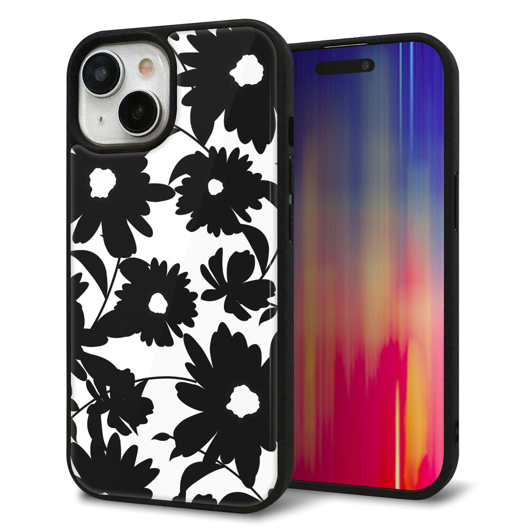 iPhone15 強化ガラス&TPUスマホケース ガラプリ【SC916 花柄モノトーン 05】