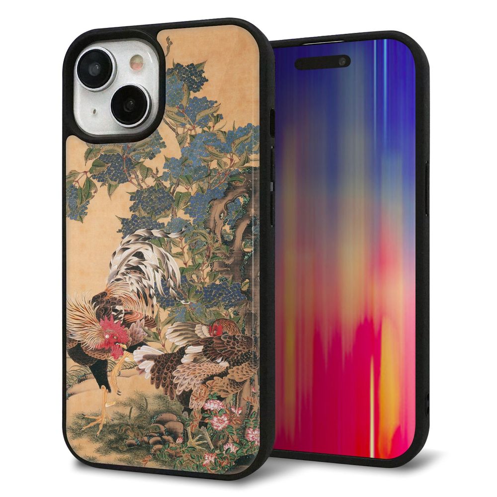 iPhone 15 強化ガラス&TPUスマホケース ガラプリ【TA006 紫陽花双鶏】