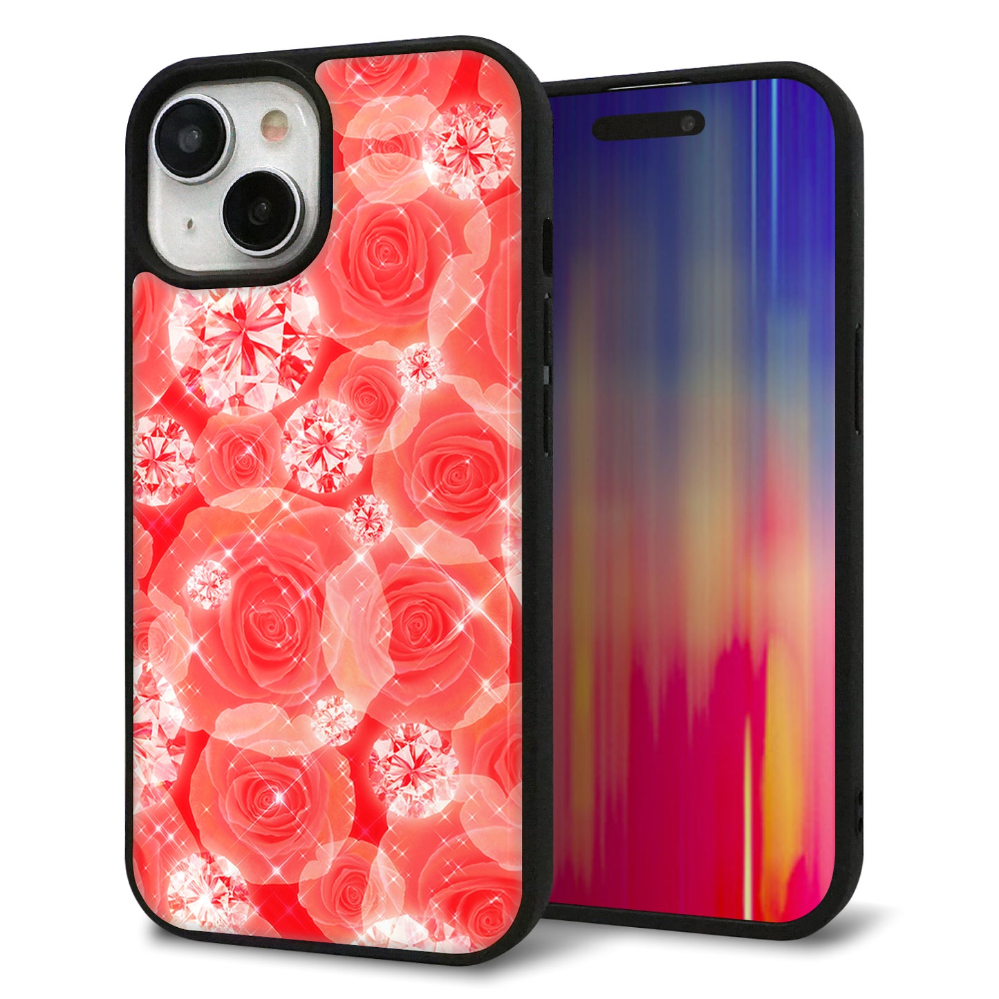iPhone15 強化ガラス&TPUスマホケース ガラプリ【VA816 ダイヤモンドとバラ】