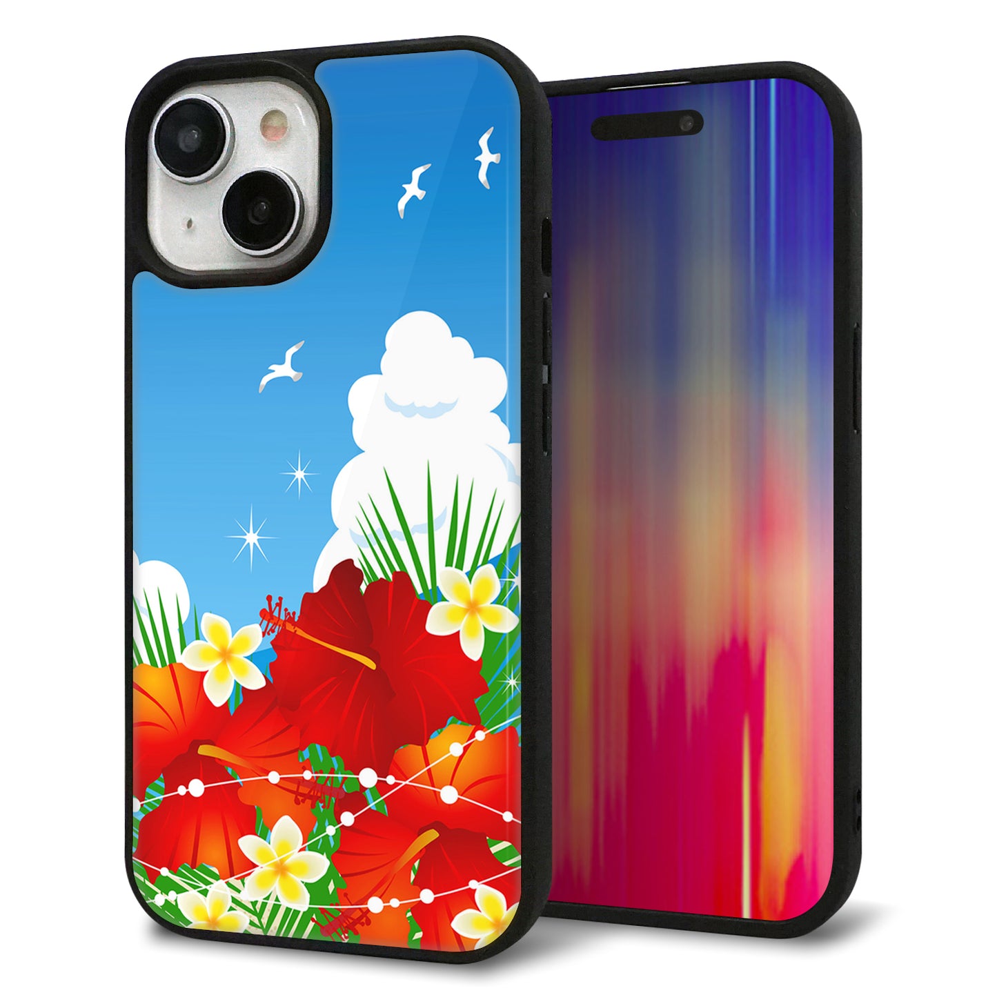 iPhone15 強化ガラス&TPUスマホケース ガラプリ【VA821 ハイビスカスと青空】