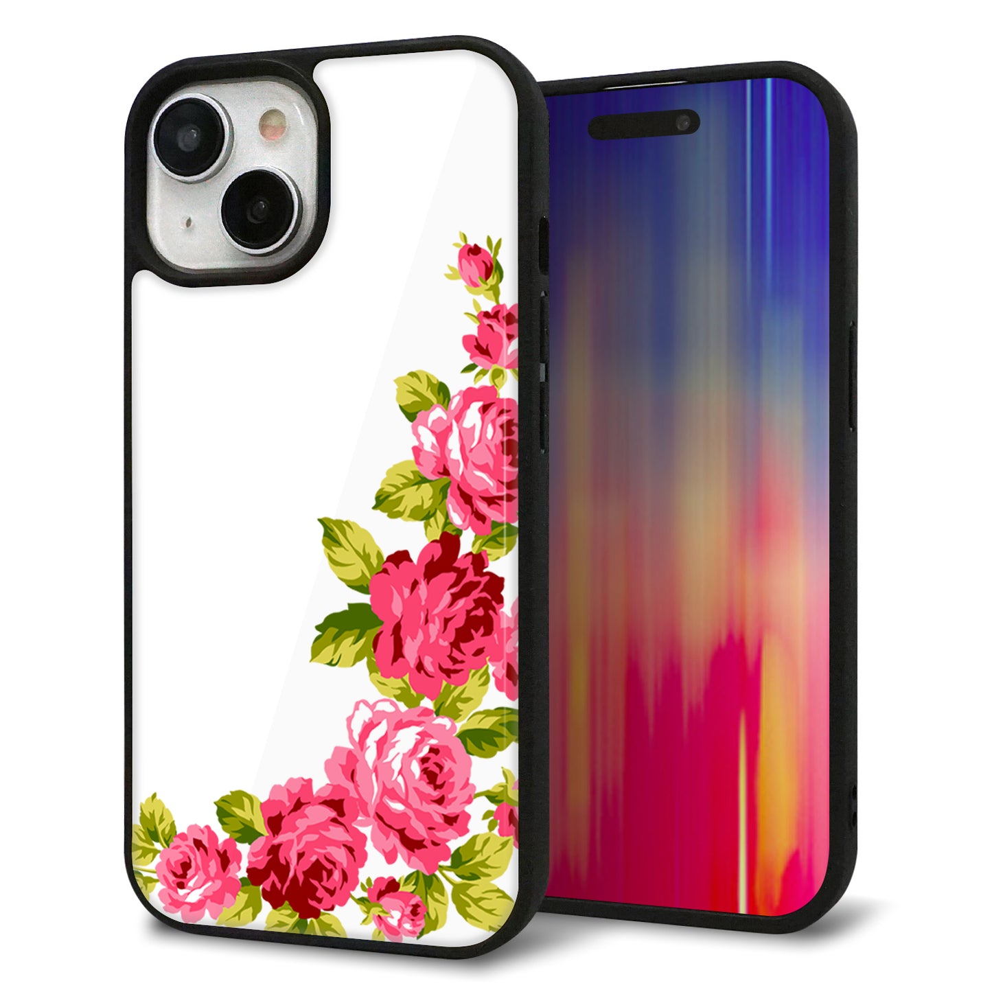 iPhone15 強化ガラス&TPUスマホケース ガラプリ【VA825 バラのフレーム(白)】