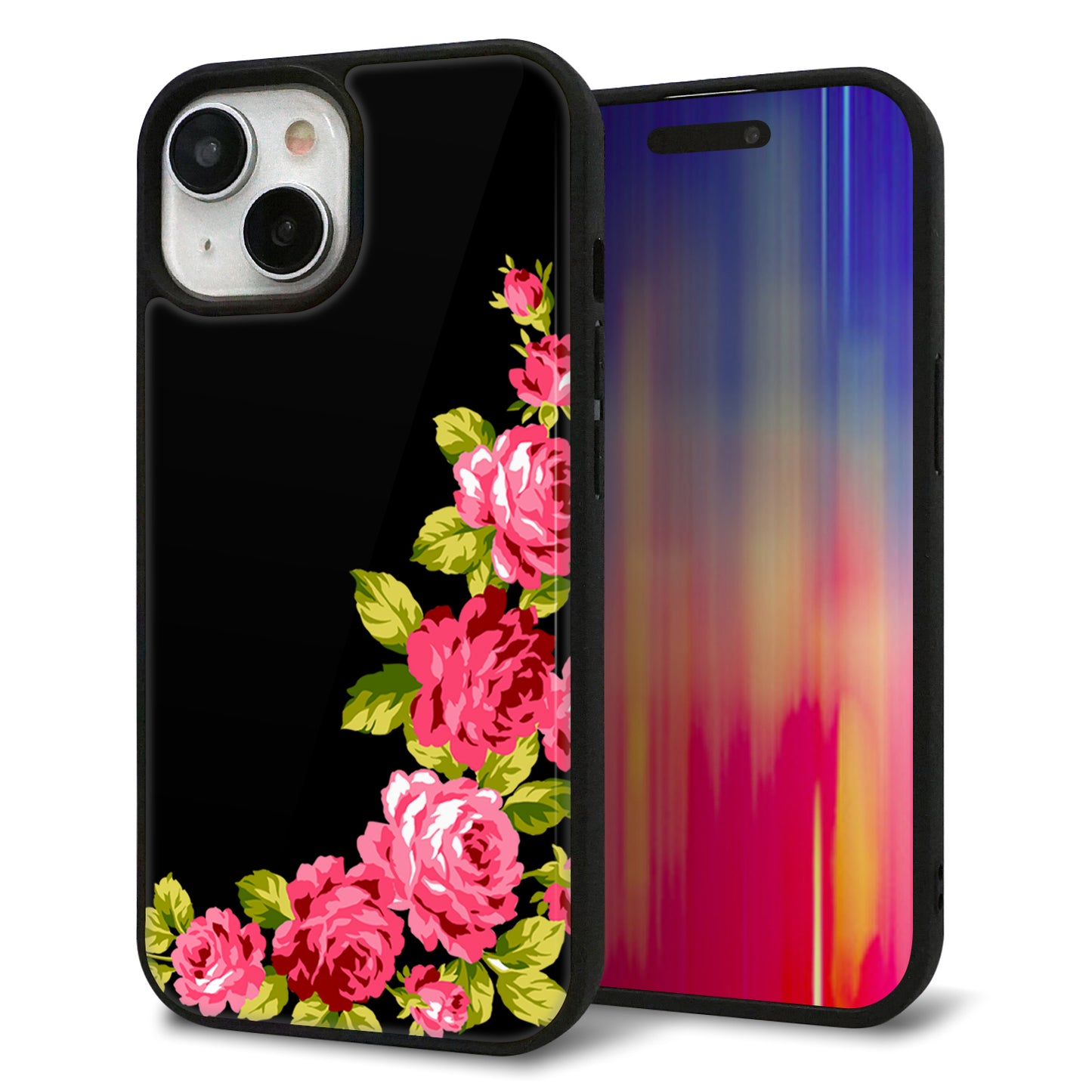 iPhone15 強化ガラス&TPUスマホケース ガラプリ【VA826 バラのフレーム(黒)】
