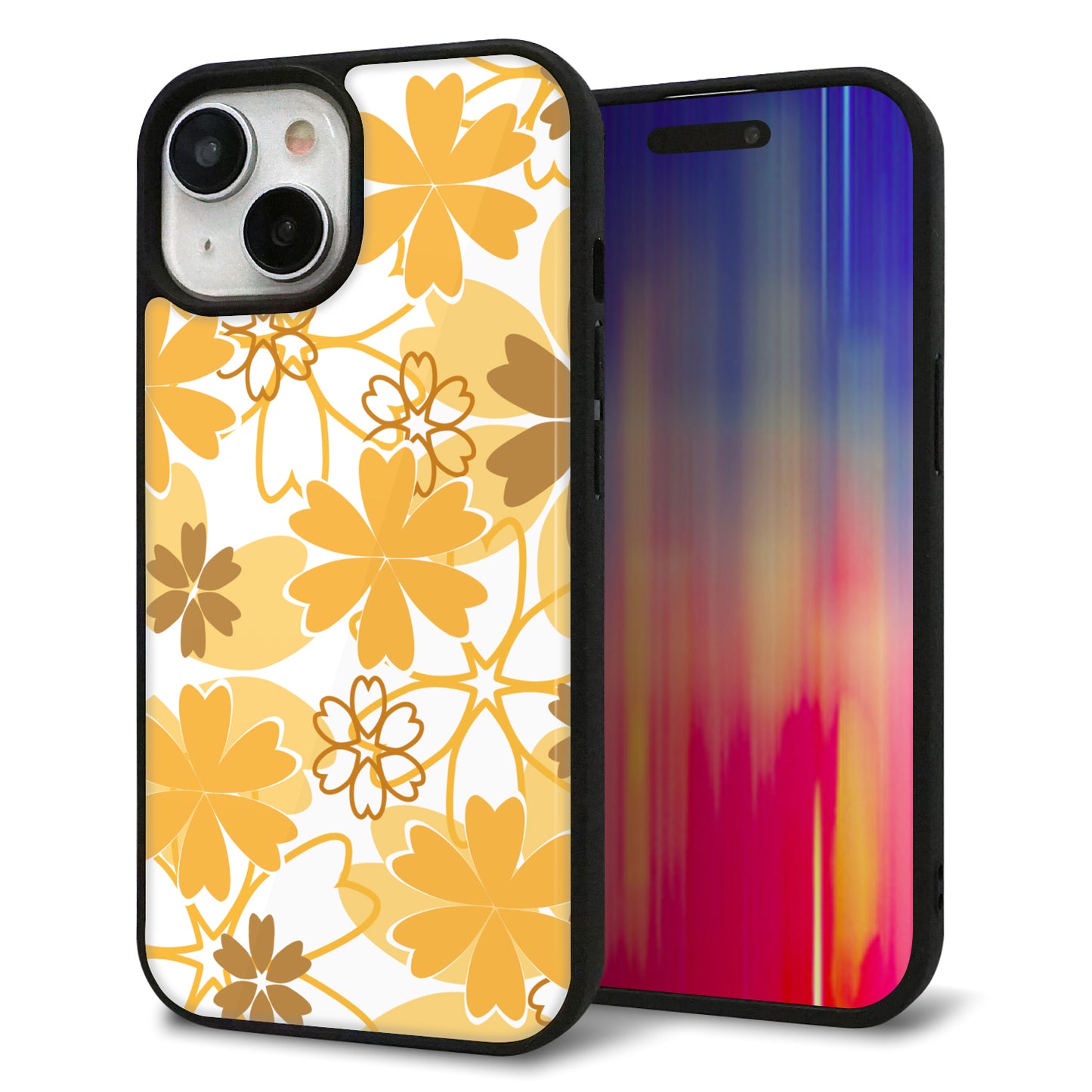 iPhone15 強化ガラス&TPUスマホケース ガラプリ【VA959 重なり合う花 オレンジ】