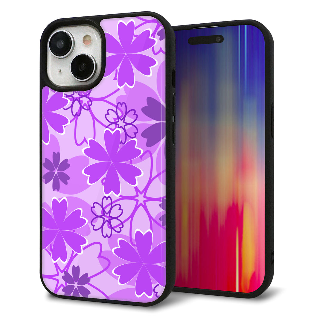 iPhone15 強化ガラス&TPUスマホケース ガラプリ【VA960 重なり合う花 パープル】