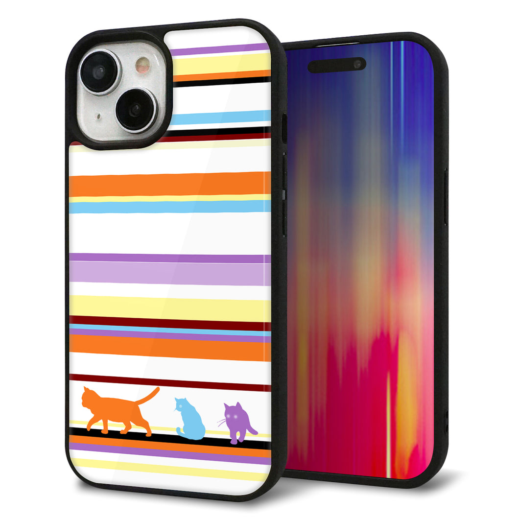 iPhone15 強化ガラス&TPUスマホケース ガラプリ【YA887 ストライプネコ01】