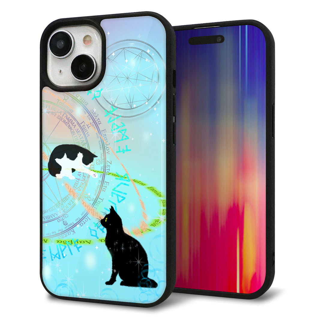 iPhone15 強化ガラス&TPUスマホケース ガラプリ【YJ329 魔法陣猫 キラキラ パステル】