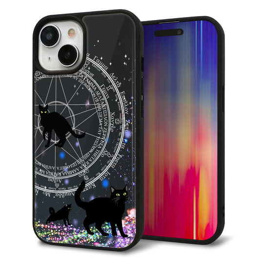 iPhone15 強化ガラス＆TPUスマホケース ガラプリ【YJ330 魔法陣猫 キラキラ 黒猫】