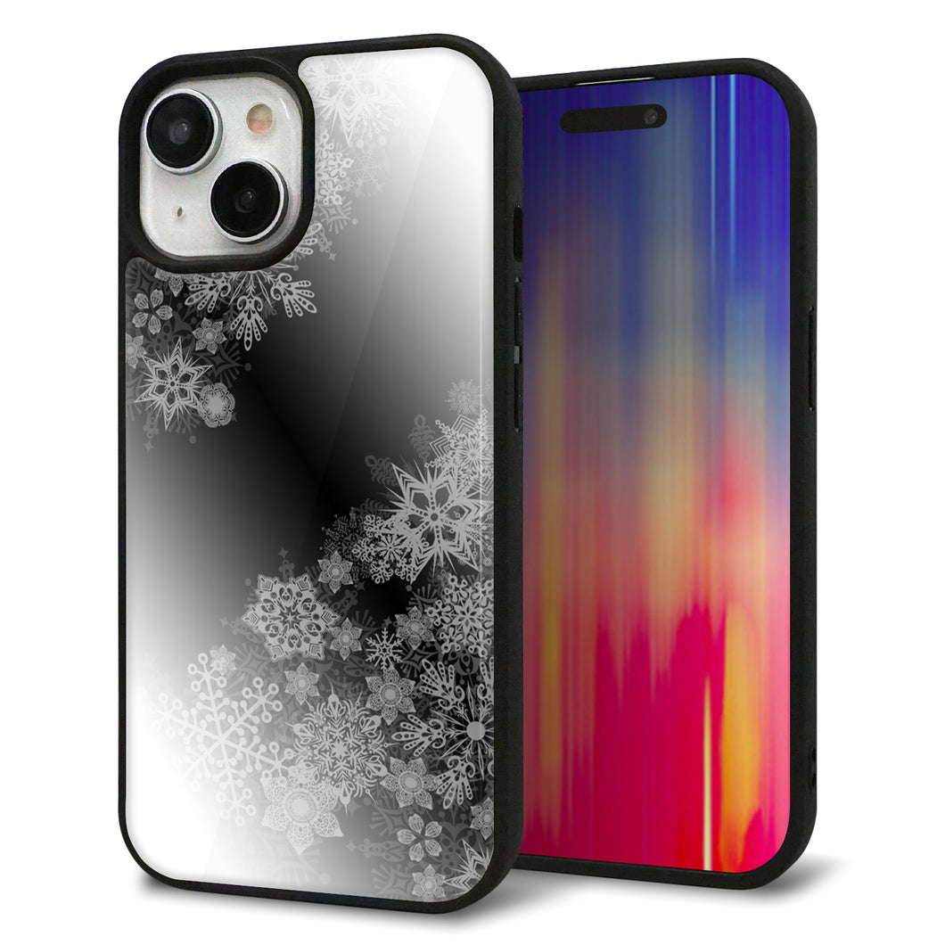 iPhone15 強化ガラス&TPUスマホケース ガラプリ【YJ340 モノトーン 雪の結晶 】