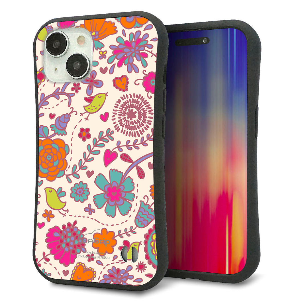 iPhone15 スマホケース 「SEA Grip」 グリップケース Sライン 【323 小鳥と花】 UV印刷