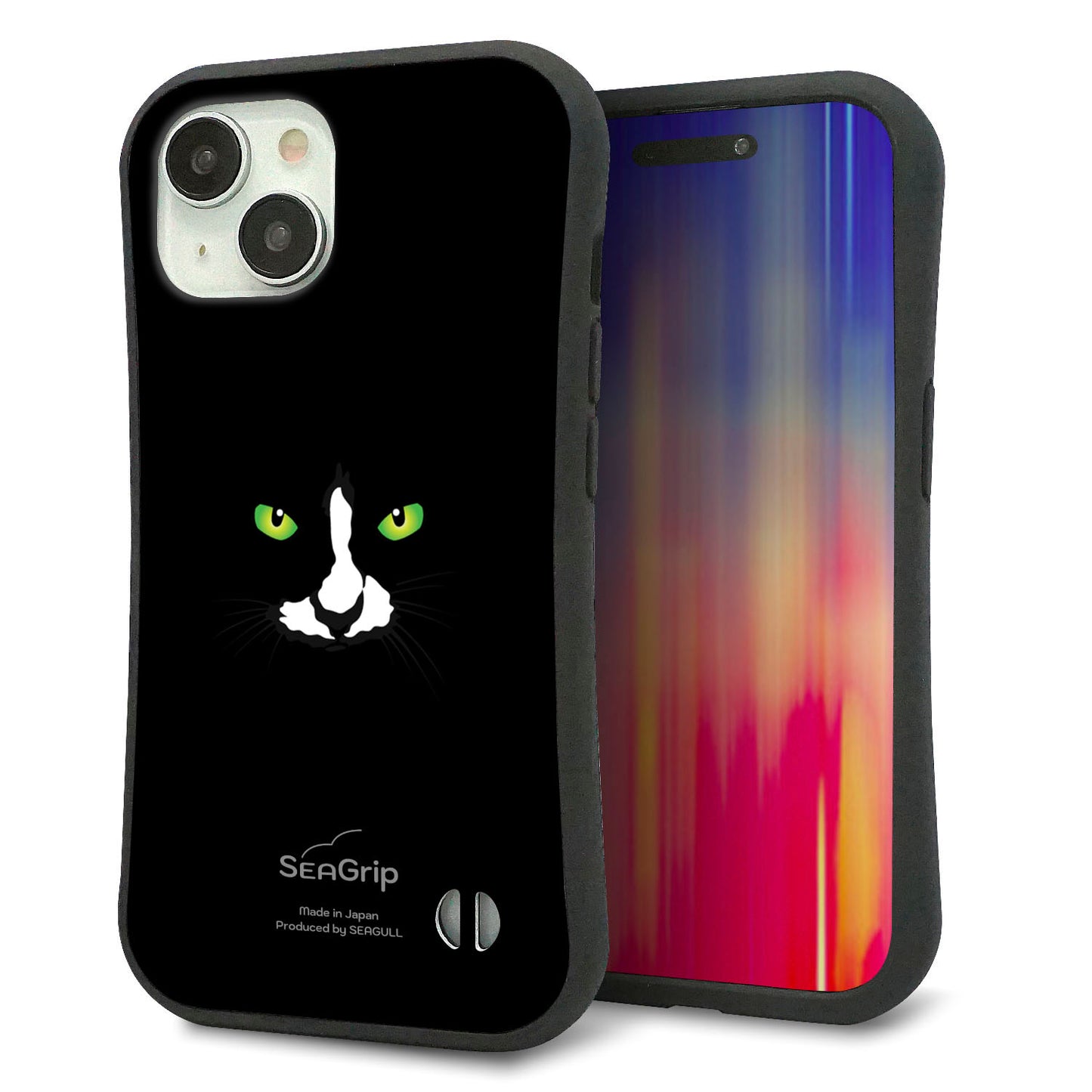 iPhone15 スマホケース 「SEA Grip」 グリップケース Sライン 【398 黒ネコ】 UV印刷