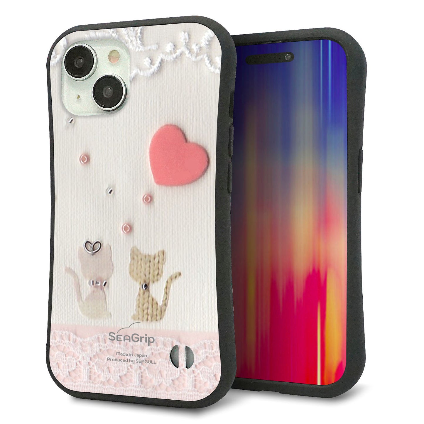 iPhone15 スマホケース 「SEA Grip」 グリップケース Sライン 【1104 クラフト写真ネコ(ハートM)】 UV印刷