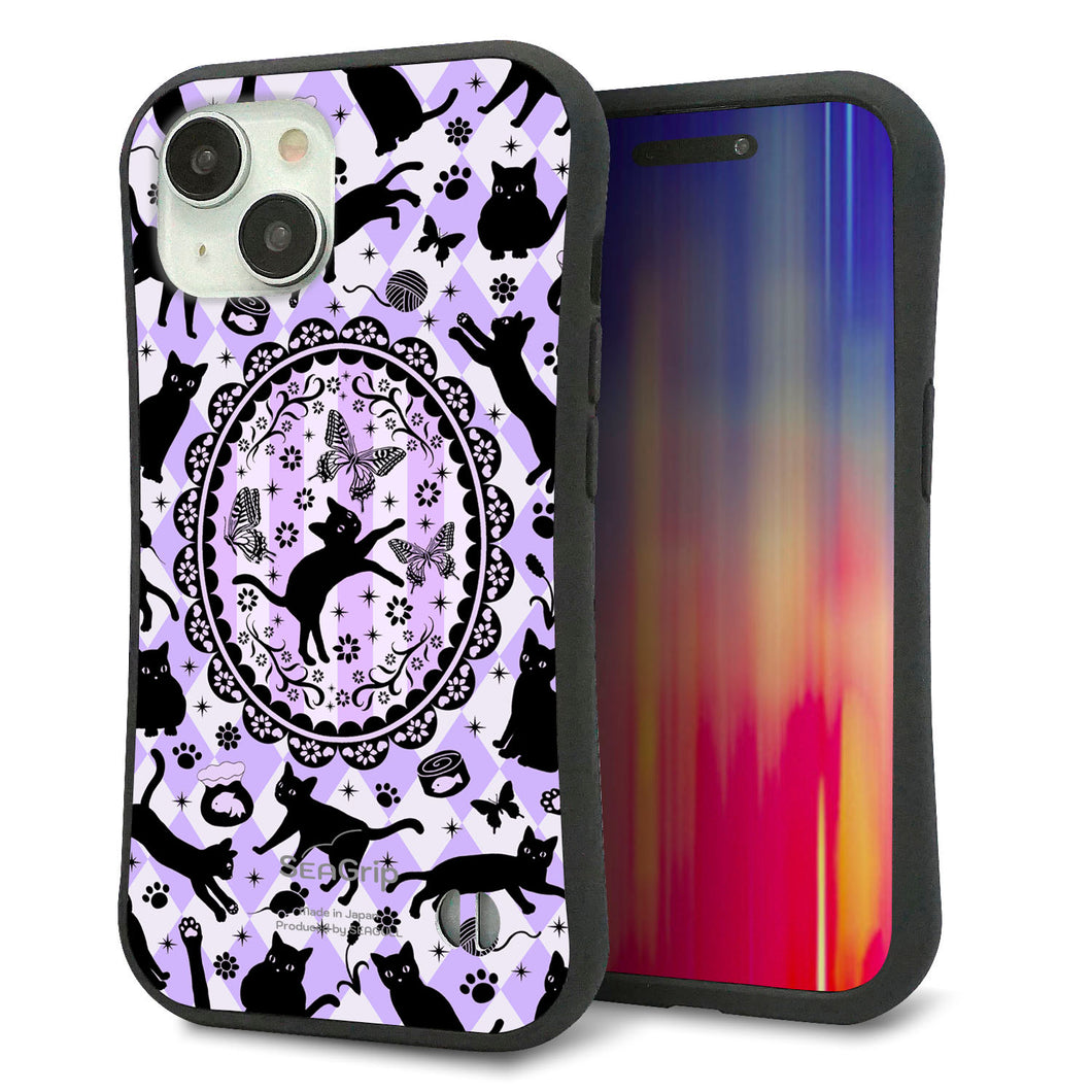 iPhone15 スマホケース 「SEA Grip」 グリップケース Sライン 【AG879 ネコがいっぱいダイヤ柄 パープル】 UV印刷
