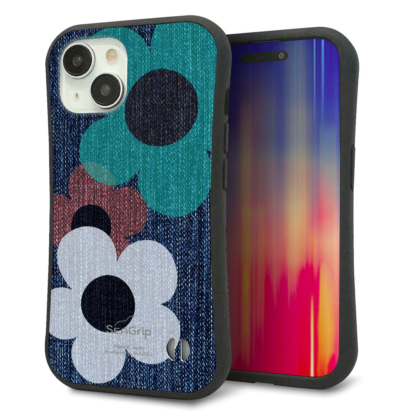 iPhone15 スマホケース 「SEA Grip」 グリップケース Sライン 【EK869 ルーズフラワーinデニム風】 UV印刷