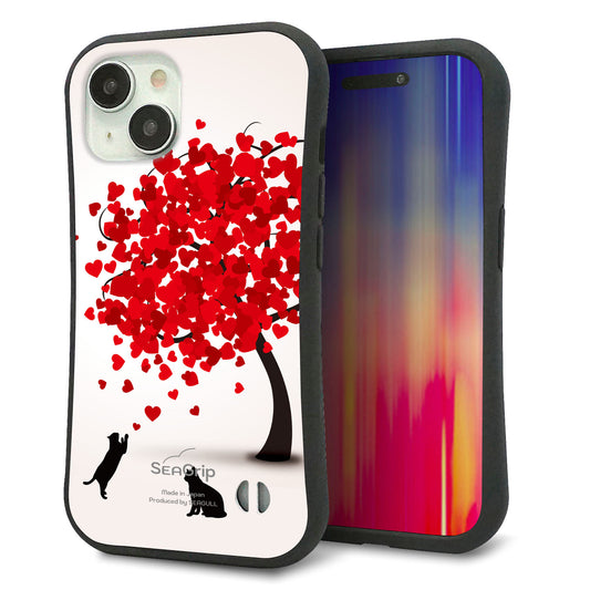 iPhone15 スマホケース 「SEA Grip」 グリップケース Sライン 【EK915 二匹のネコとハートの木】 UV印刷