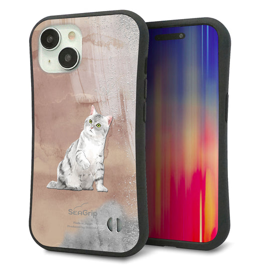 iPhone15 スマホケース 「SEA Grip」 グリップケース Sライン 【HA166 アメリカンショートヘア+くすみカラー】 UV印刷