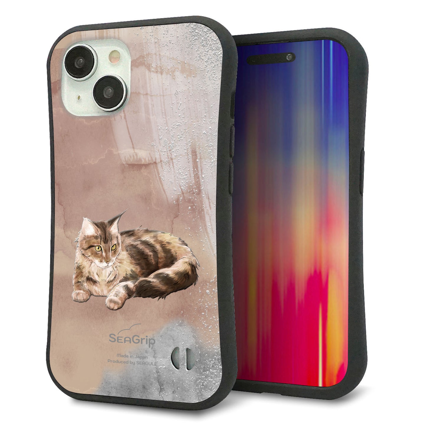 iPhone15 スマホケース 「SEA Grip」 グリップケース Sライン 【HA173 メインクーン+くすみカラー】 UV印刷