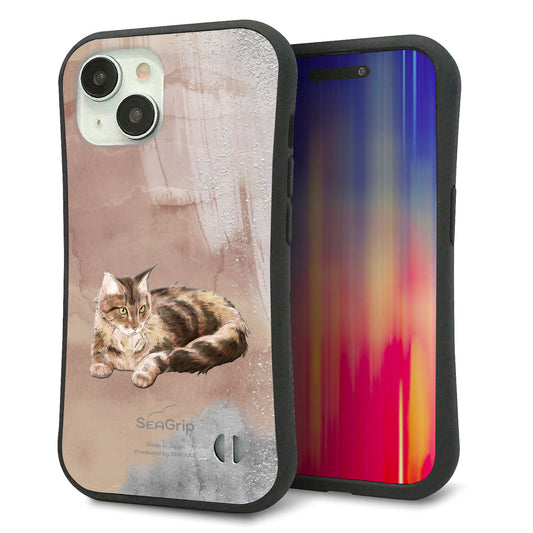 iPhone15 スマホケース 「SEA Grip」 グリップケース Sライン 【HA173 メインクーン+くすみカラー】 UV印刷