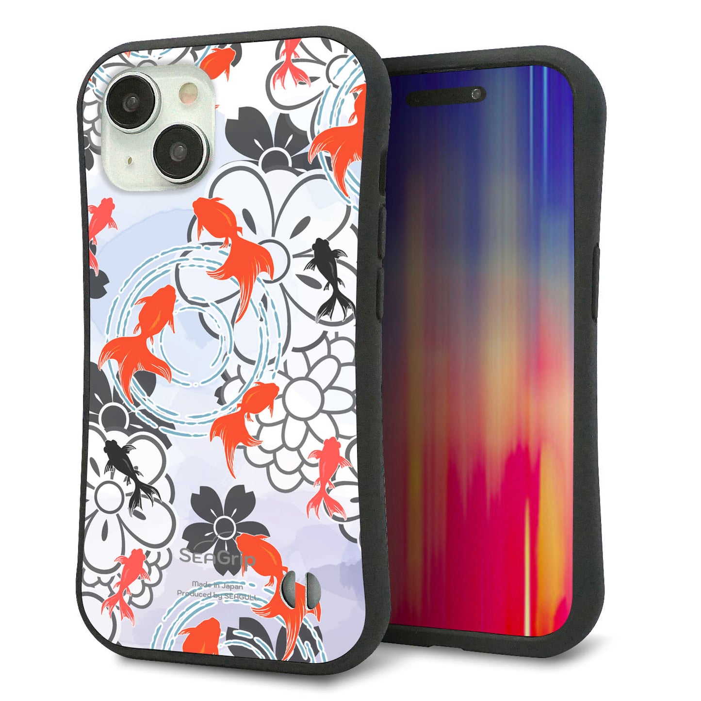 iPhone15 スマホケース 「SEA Grip」 グリップケース Sライン 【HA216 金魚 花柄 グレー 】 UV印刷